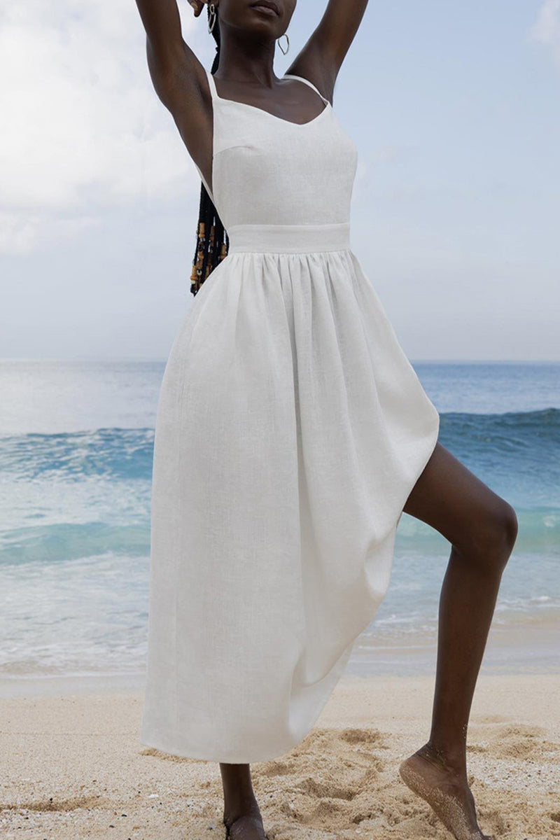 Sexy Vacation Solid Bandage Backless V Neck Beach Dress Dresses Furdela