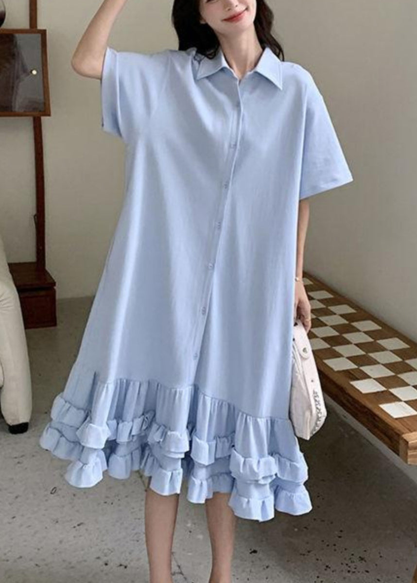 Collar Short Patchwork Dress Peter Maxi Ruffled Blue Women Pan FashionChic