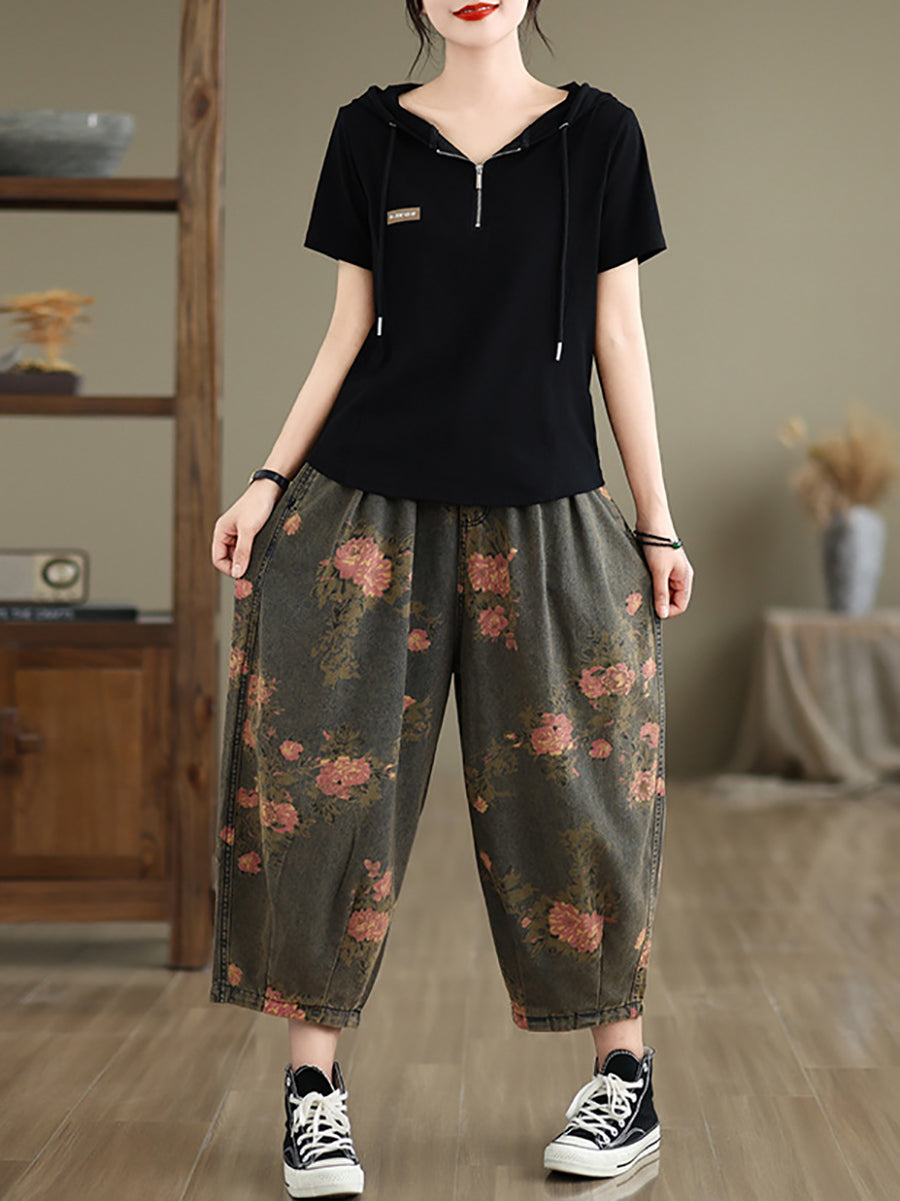 Women Summer Retro Flower Denim Loose Pants II1003 BUYKUD