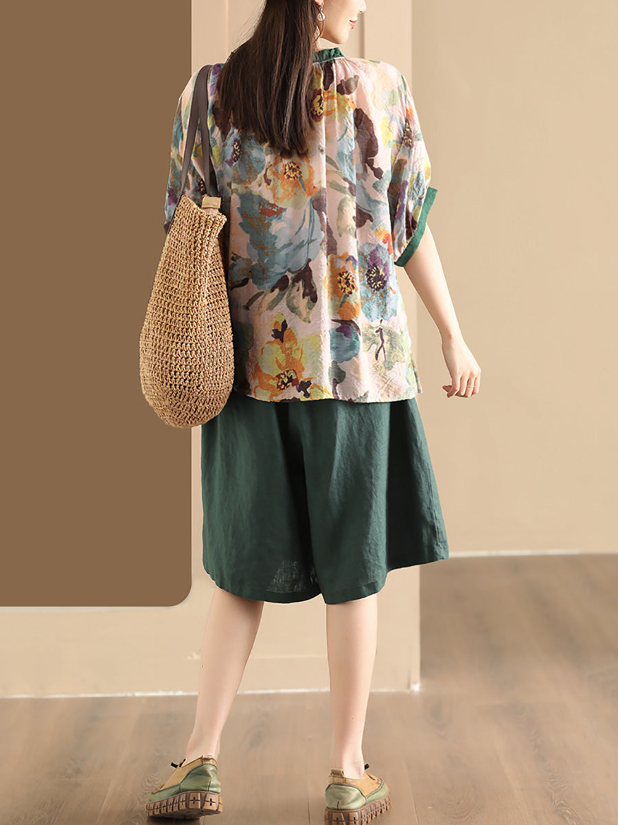 Women Summer Artsy Print Strap Loose Linen Shirt HH046 JLFZ