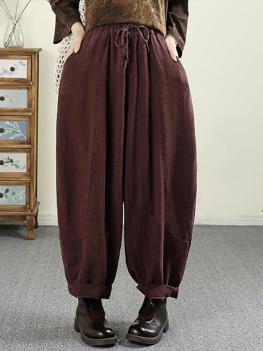 Women Autumn Vintage Solid Pocket Linen Harem Pants AV1031 Genistyle Shop