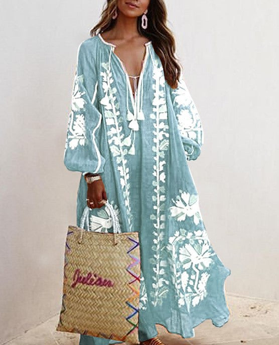 Women Printed Boho Casual Dress V Neck Holiday Maxi Dress MMr12 Furdela