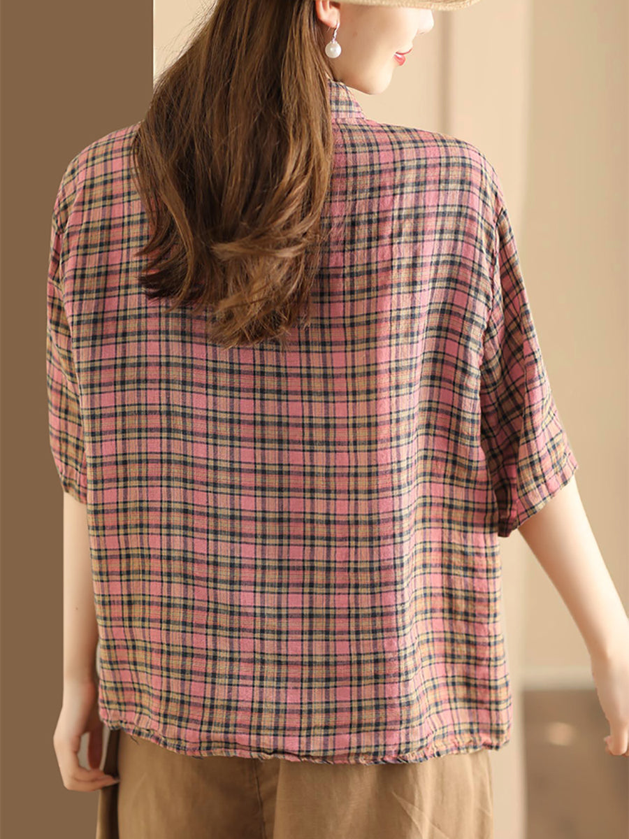Women Artsy Plaid Summer Button-up Linen Shirt KL1012 Ada Fashion