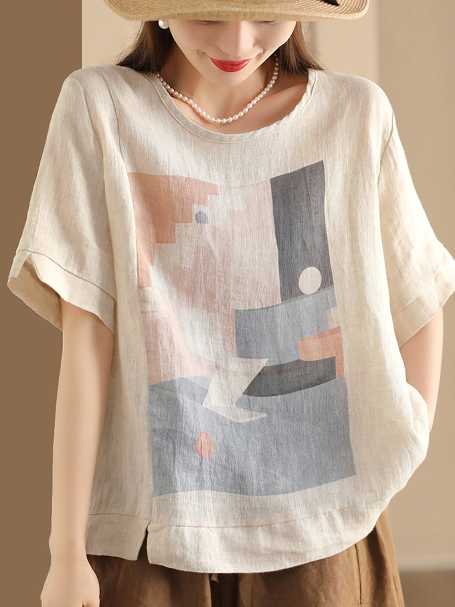Women Casual Summer Print O-Neck Linen Shirt WE1028 Ada Fashion
