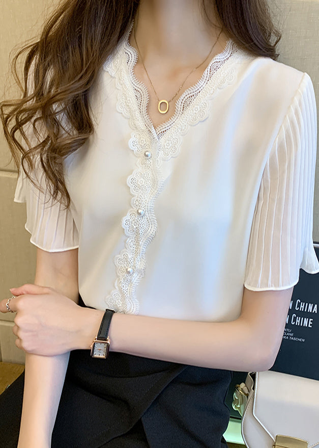 Italian Shirt Summer Bead Pink Lace Chiffon Nail Patchwork Top FashionChic