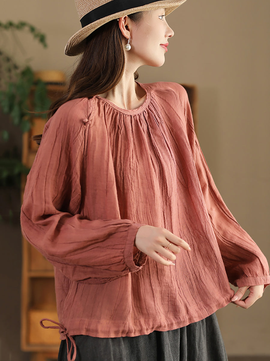 Women Summer Artsy Strap Hem O-Neck Ramie Blouse AS1026 BUYKUD