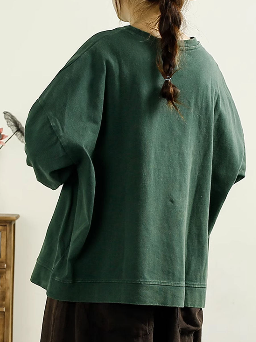 Women Casual Autumn Flower O-Neck Cotton Blouse AT1002 QYZY
