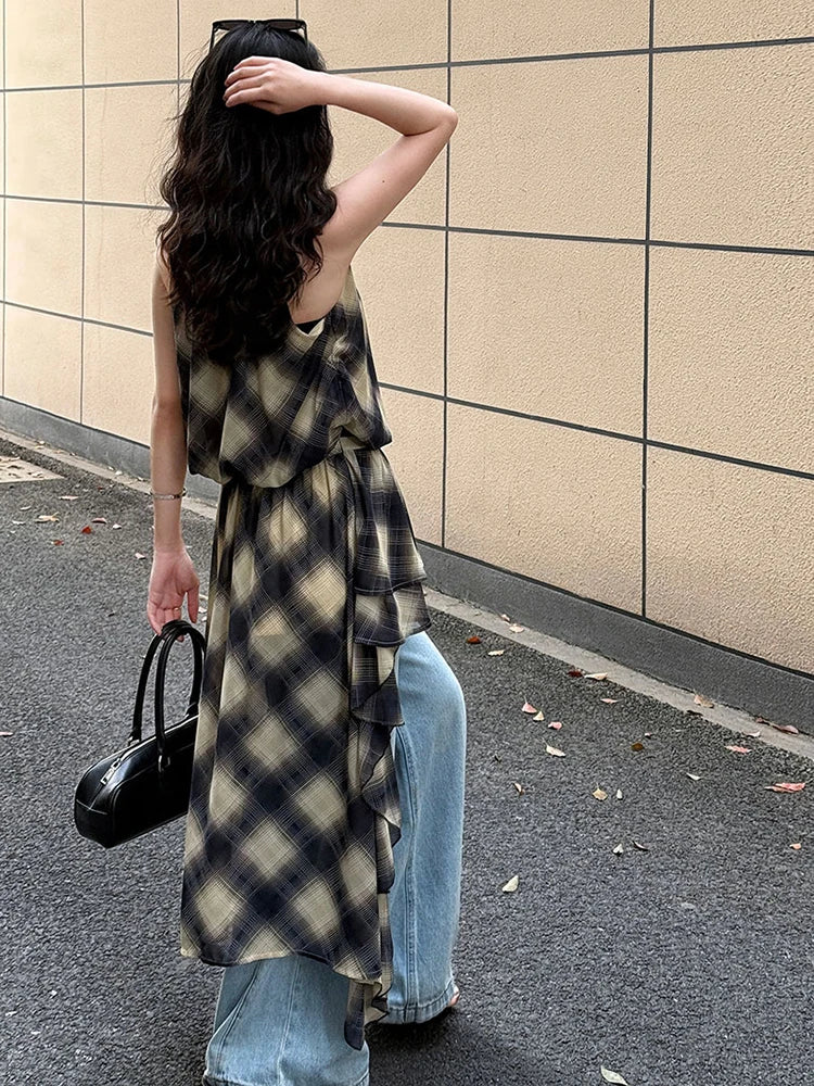 Asymmetric Khaki Plaid Neck Sleeveless Top High-Low Uniaue Halter FashionChic