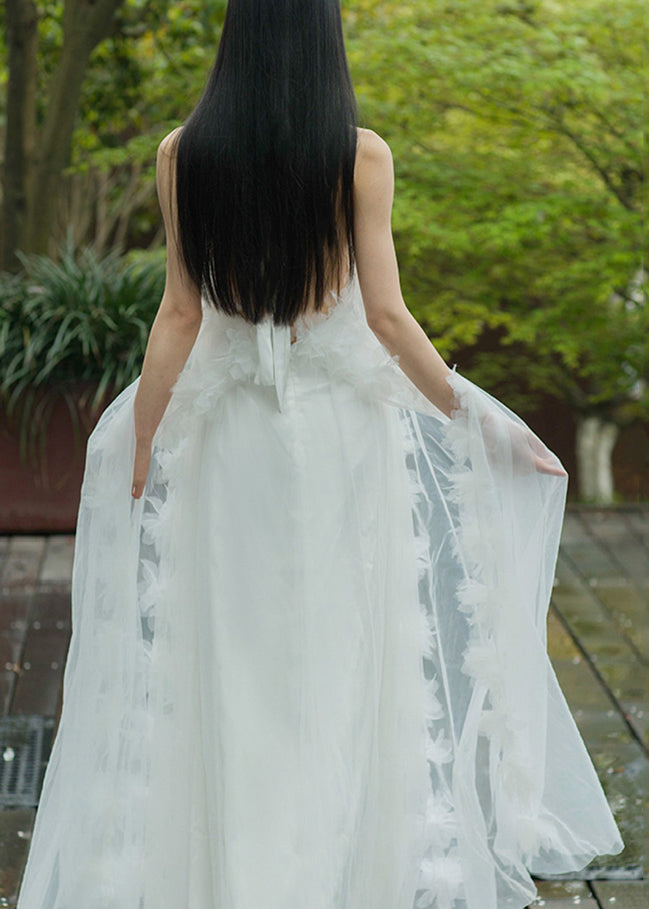 Elegant White Lace Up Solid Tulle Maxi Dresses Summer AZ1016 shopify