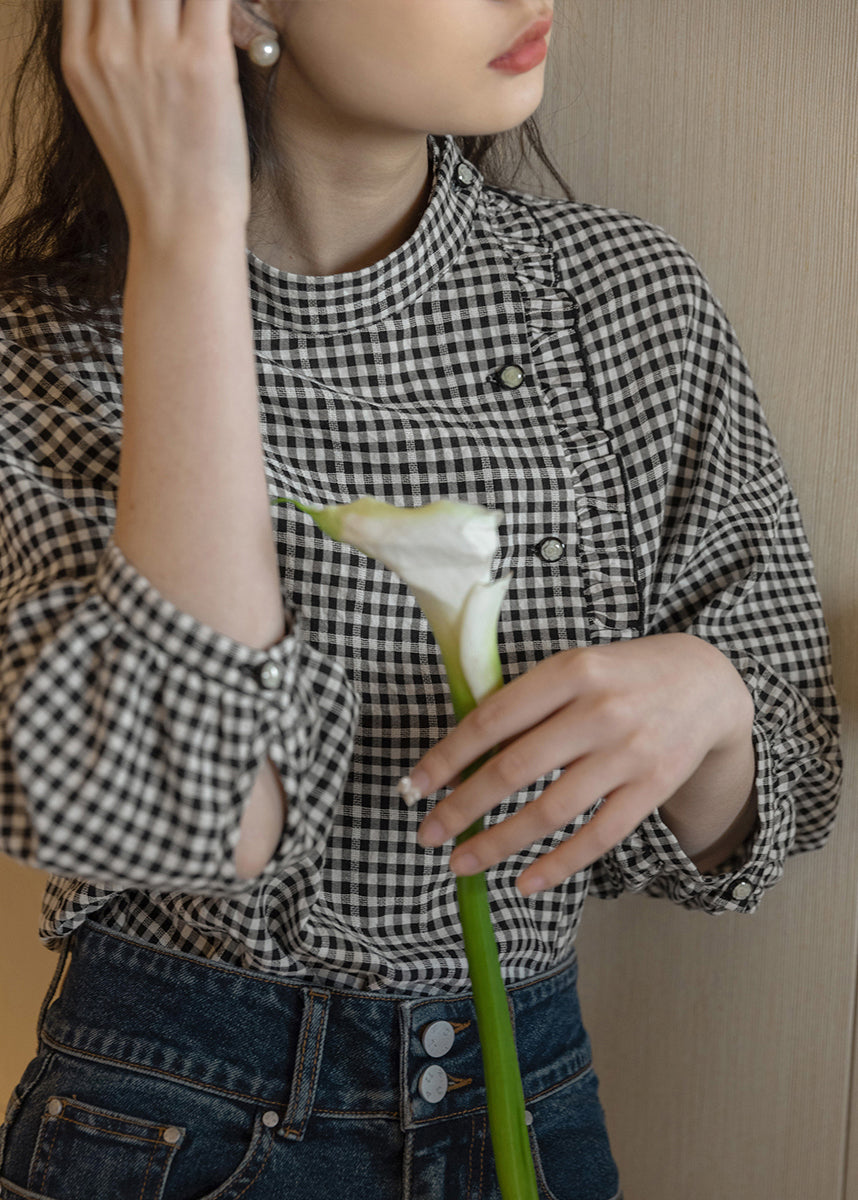 French Plaid Stand Collar Ruffled Cotton Shirt Long Sleeve EE013 shopify