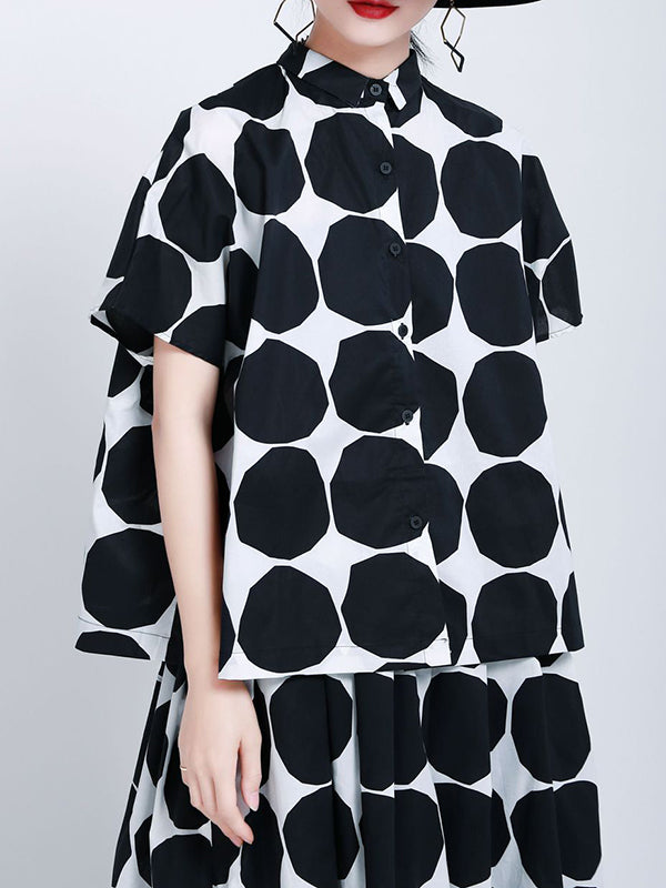 Pockets Neck Mock Black Polka-Dot Stylish High Buttoned Shirt FashionChic