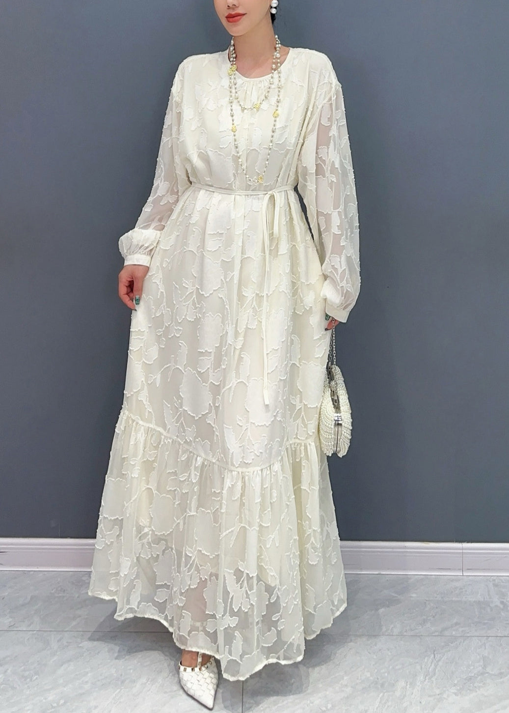 Loose White O Neck Print Tie Waist Maxi Dresses Fall AR1036 JDML-240823
