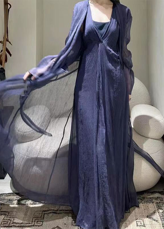 Style Dark Purple Patchwork Tie Waist Tulle Long Dresses Long Sleeve TT1018 shopify