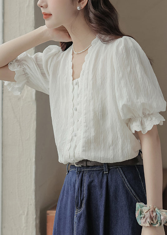 Summer Neck V Lace Casual Top Patchwork White FashionChic