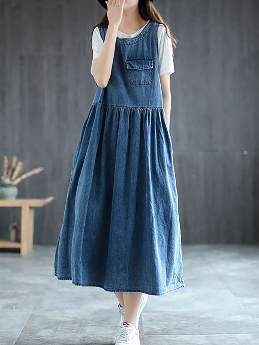 Plus Size Denim Pleated Long Sleeveless Pinafore Dress AI1083 Buykud
