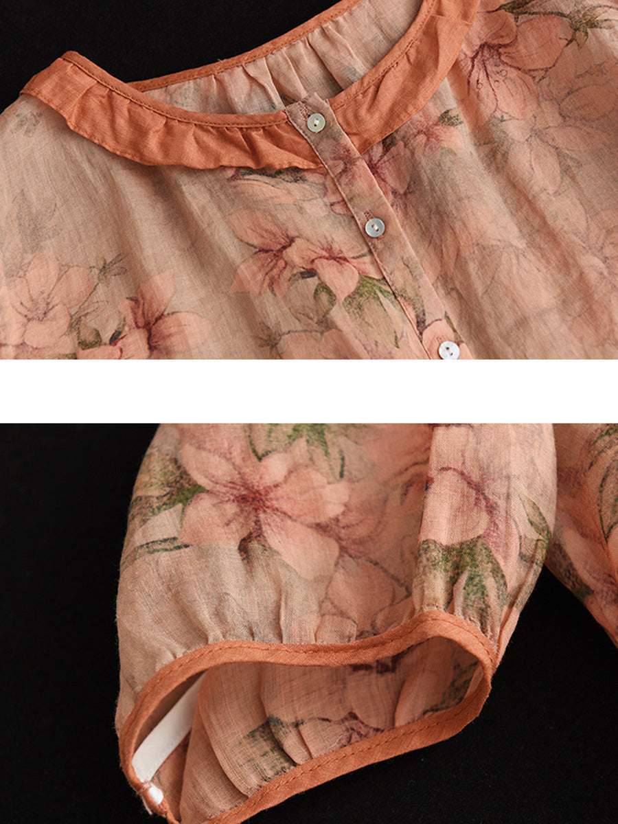 Plus Size Floral Ramie Vintage Summer Women Shirt RR1061 GKFS