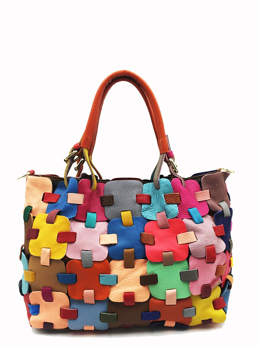 Women Fashion Genuine Leather Plaid Spliced Handbag AH1075 YTPJ