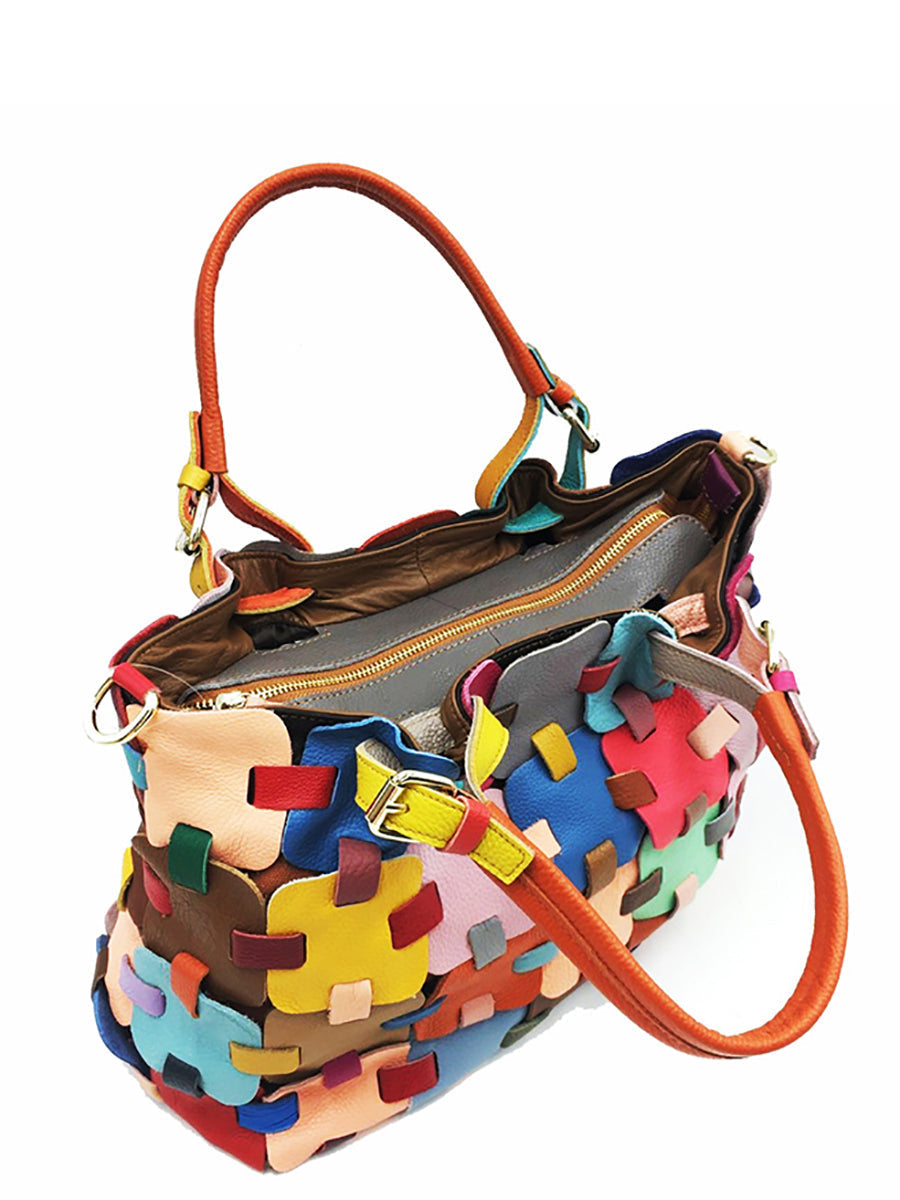 Women Fashion Genuine Leather Plaid Spliced Handbag AH1075 YTPJ