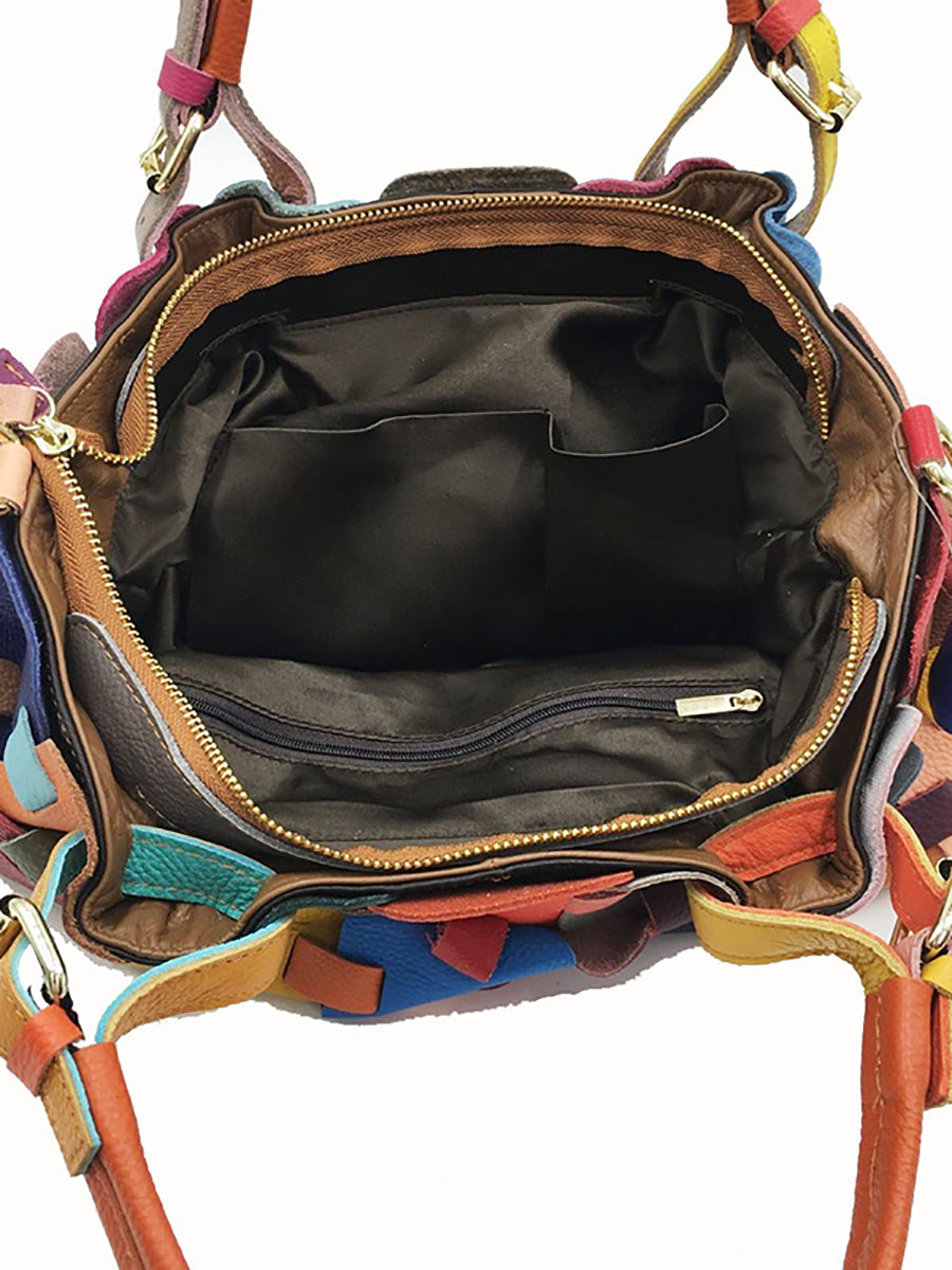 Women Fashion Genuine Leather Plaid Spliced Handbag AH1075 YTPJ