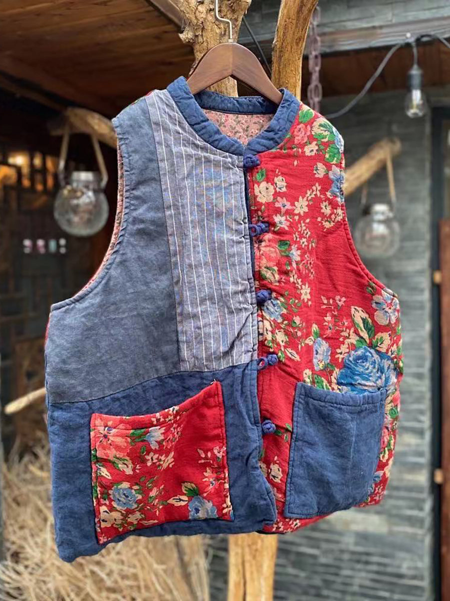 Women Autumn 100%Linen Vintage Patchwork Loose Vest AH1029 JSHY