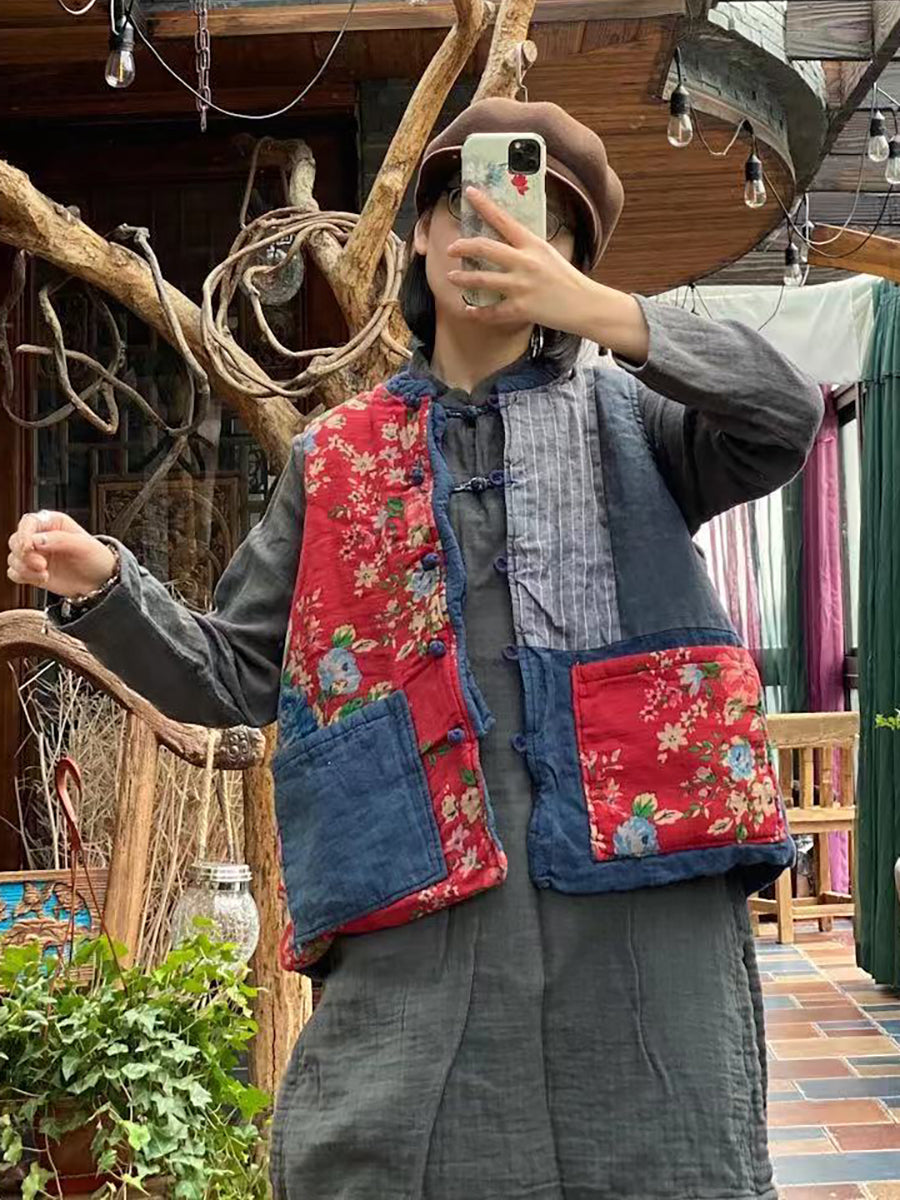 Women Autumn 100%Linen Vintage Patchwork Loose Vest AH1029 JSHY