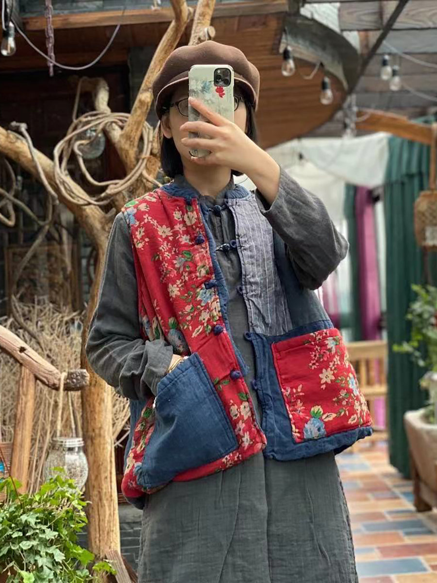 Women Autumn 100%Linen Vintage Patchwork Loose Vest AH1029 JSHY