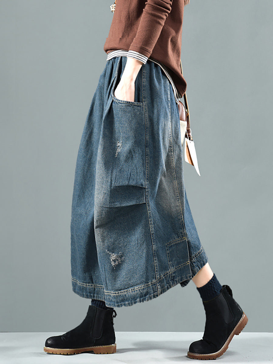 Women Retro Fade Pocket Elastic Waist Denim Skirt AI1012 ZMMM