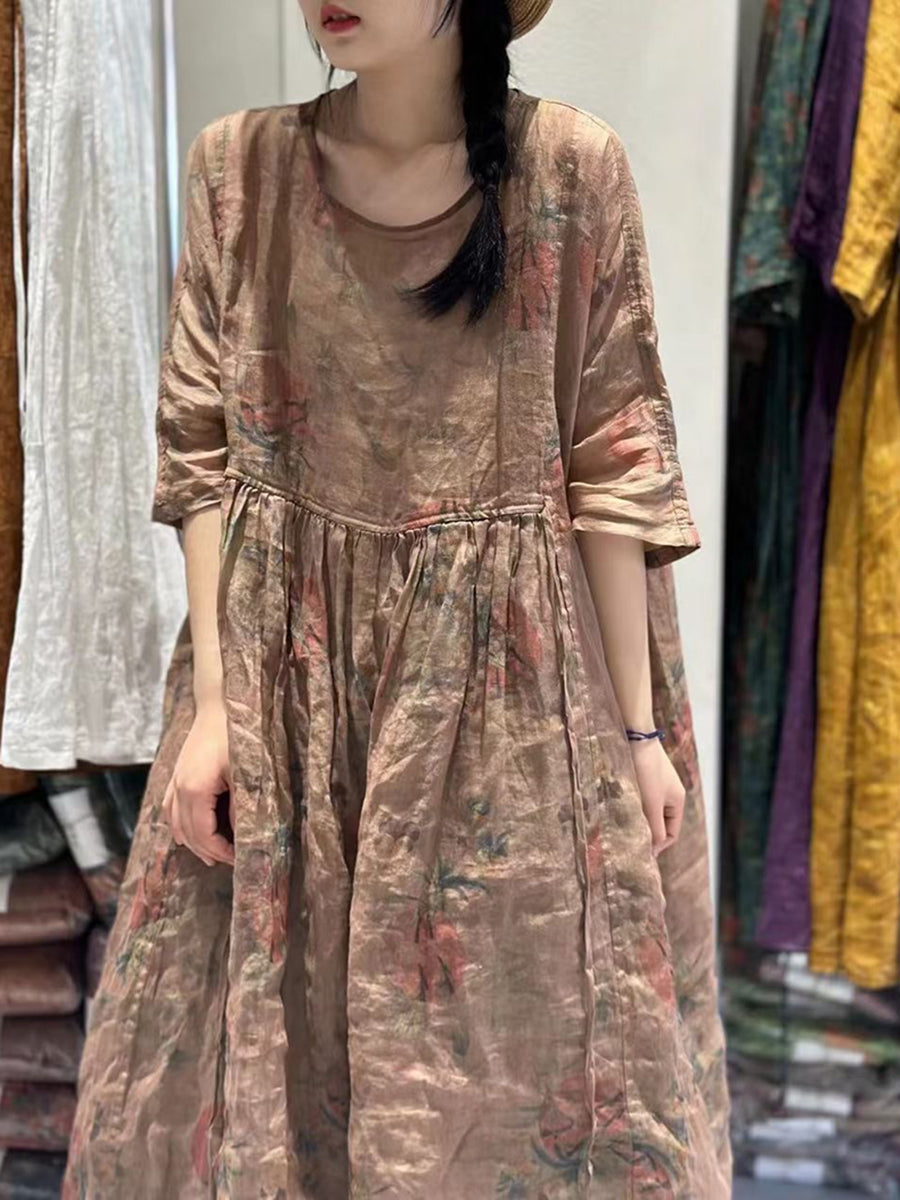 Plus Size Women Summer Pleat Print Stitching Loose Worn Ramie Dress KL1053 Ada Fashion