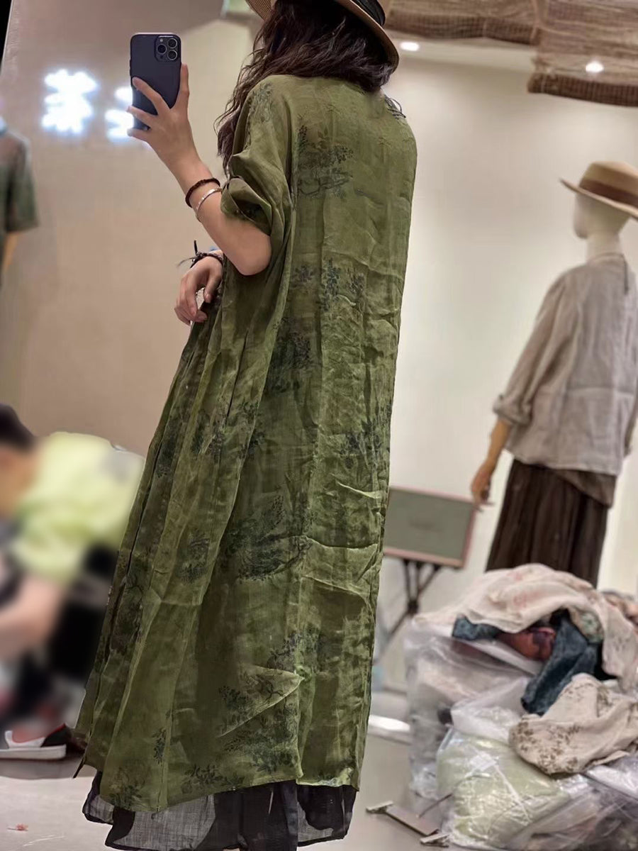 Plus Size Women Summer Pleat Print Stitching Loose Worn Ramie Dress KL1053 Ada Fashion