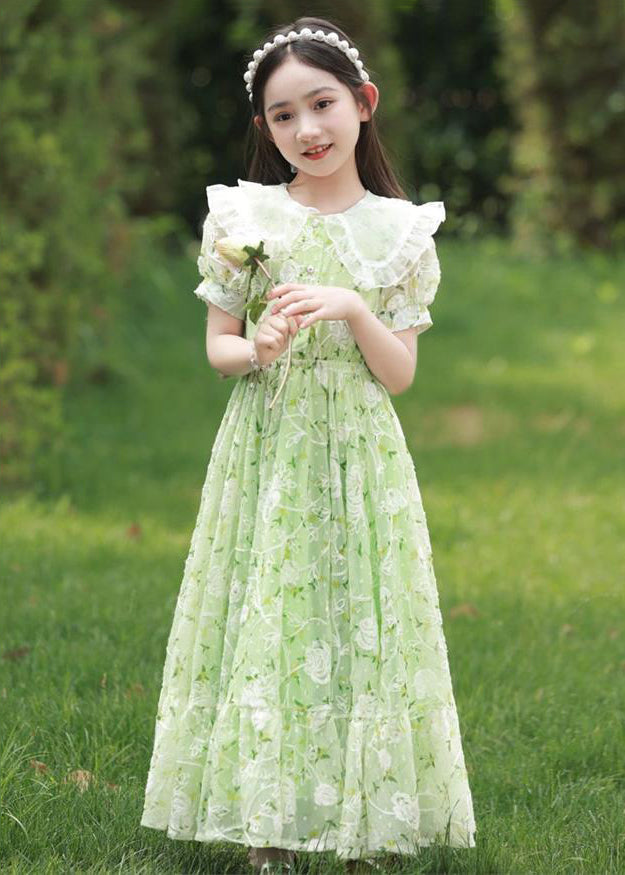 2024 New Green Peter Pan Collar Print Tie Waist Chiffon Girls Maxi Dress Short Sleeve XZ006 SDGL240618