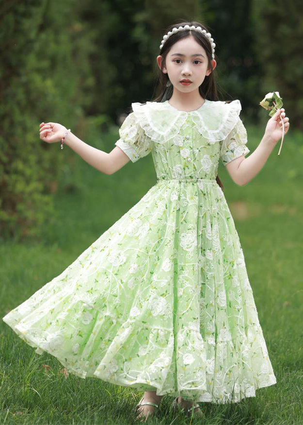 2024 New Green Peter Pan Collar Print Tie Waist Chiffon Girls Maxi Dress Short Sleeve XZ006 SDGL240618