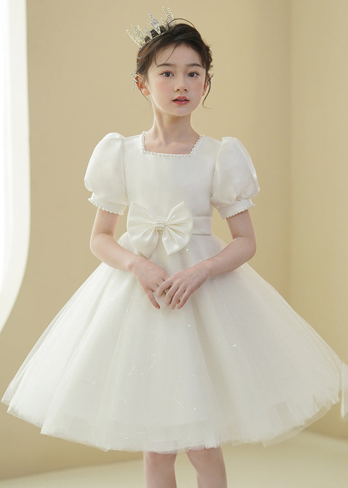 2024 New White Nail Bead Bow Tulle Girls Mid Dress Puff Sleeve XZ040 SDGM240618
