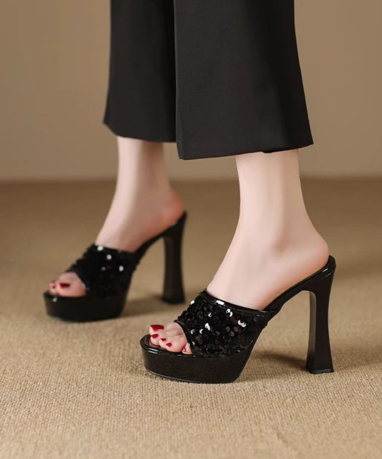 2024 Sequins Splicing High Heel Black Slide Sandals Peep Toe DD1056 Shoe-LT240605