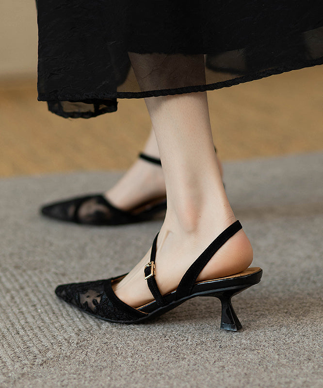 2024 Splicing High Heel Sandals French Black Tulle Pointed Toe KJ026 Shoe-LX240714