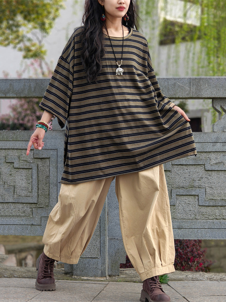 Casual Shirt Stripe Summer Cotton Plus Size Women FashionChic