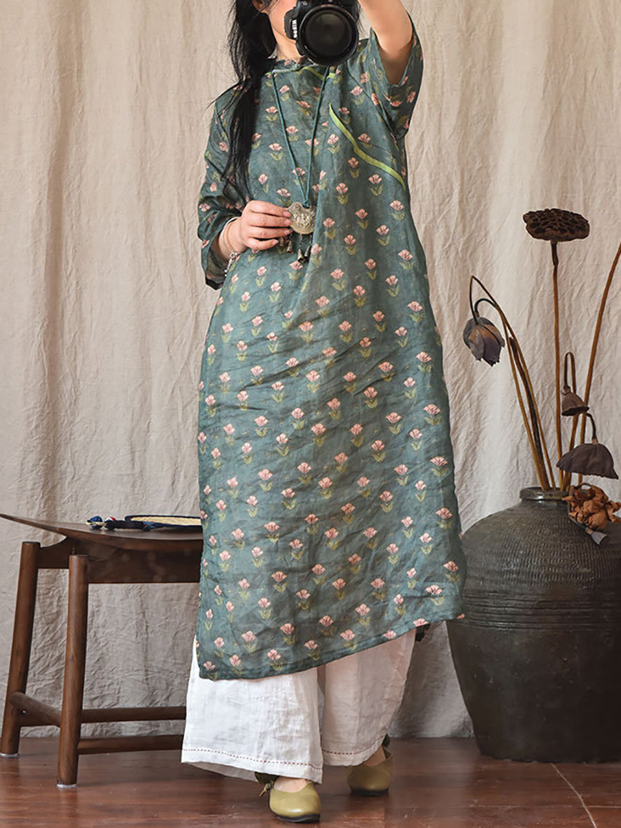 Women Vintage Summer Floral Ramie Robe Dress CO1022 Ada Fashion