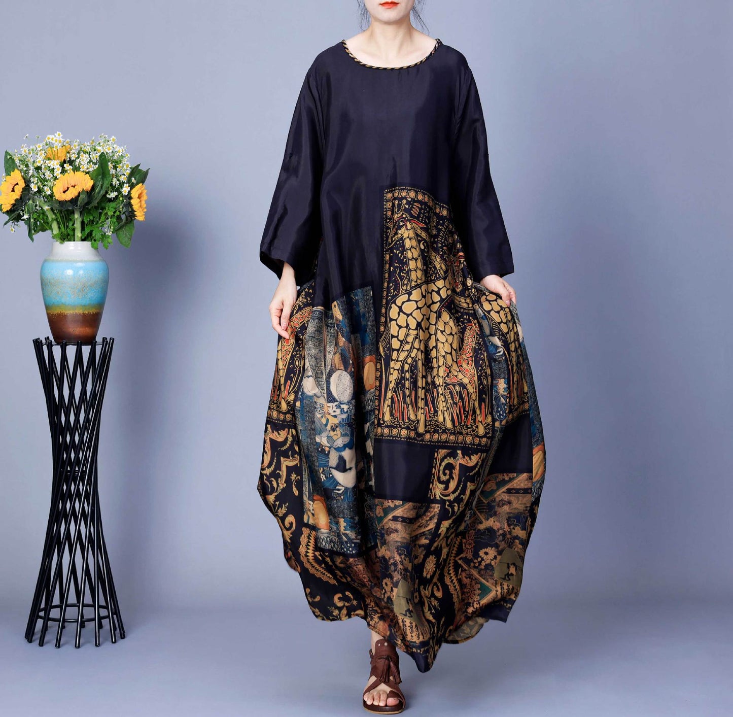 Women Spring Spliced Vintage Maxi Dress CO1026 Ada Fashion