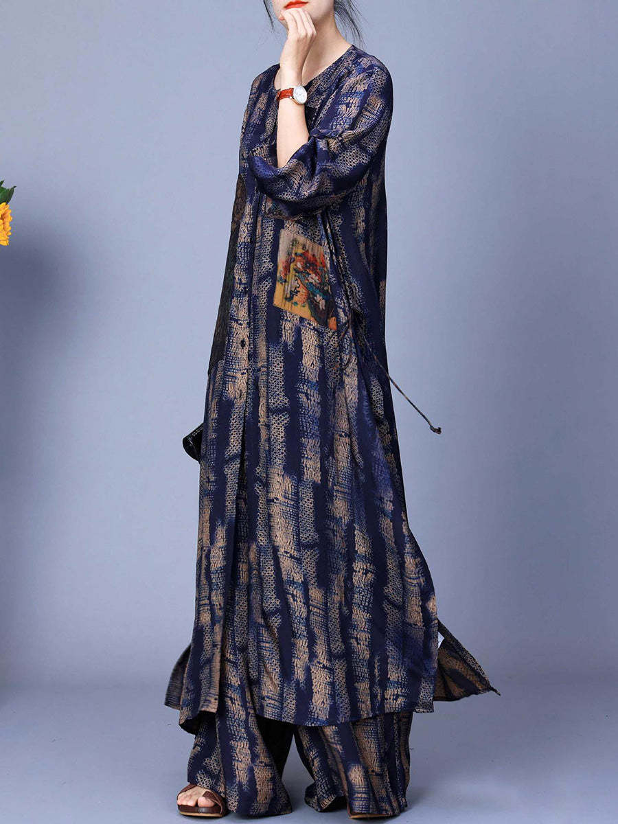 Women Spring Vintage Patch Spliced Long Shirt+Pants PA1023 Ada Fashion