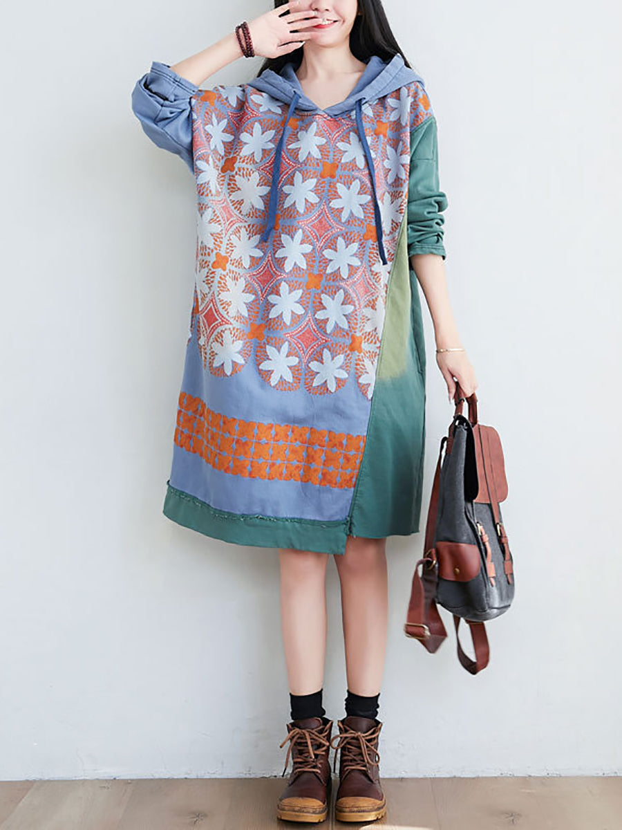 Women Artsy Flower Spliced Spring Hooded Sweatshirt KL1047 Ada Fashion