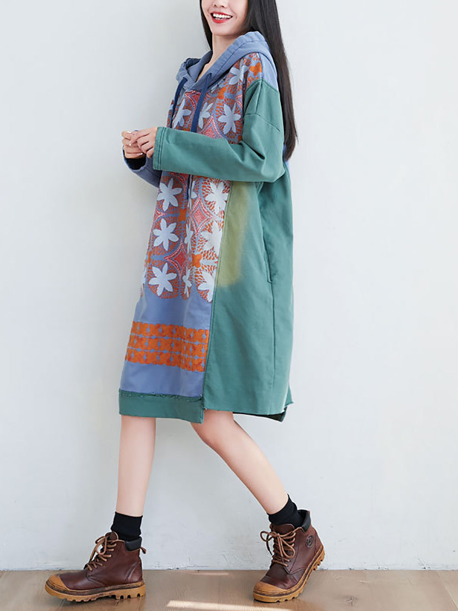Women Artsy Flower Spliced Spring Hooded Sweatshirt KL1047 Ada Fashion