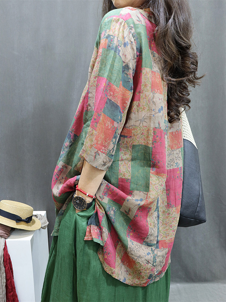Plus Size Women Vintage Flower Patch Spliced Ramie Shirt KL1029 Ada Fashion