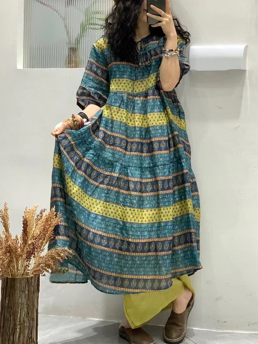 Women Summer Artsy Floral Spliced Ramie Loose Dress SC1038 Ada Fashion