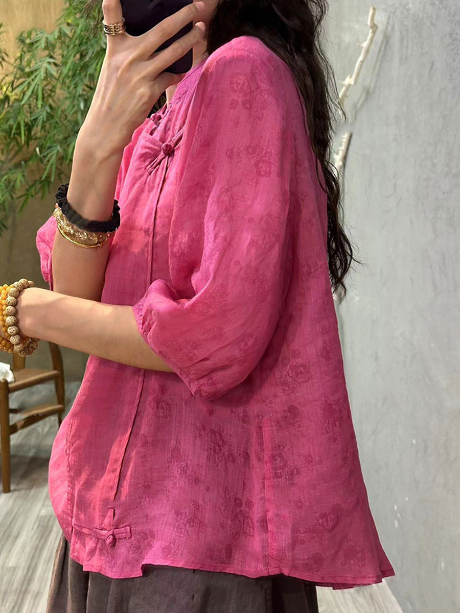 Plus Size Women Summer Solid Ethnic 100%Ramie Shirt XX1063 Ada Fashion