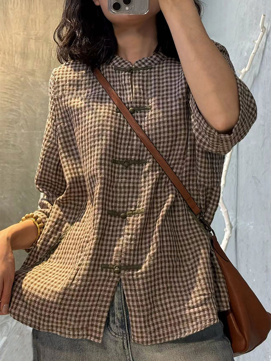 Plus Size Women Retro Plaid Summer Cotton Button-up Shirt XX1062 Ada Fashion