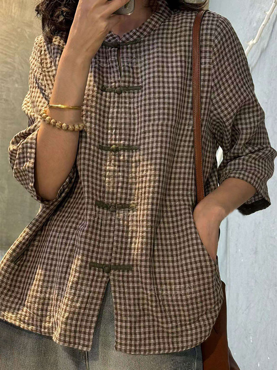 Plus Size Women Retro Plaid Summer Cotton Button-up Shirt XX1062 Ada Fashion