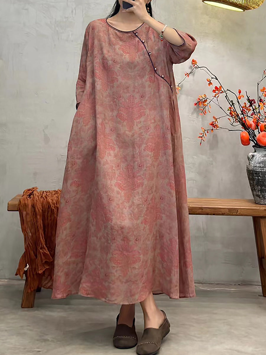 Women Artsy Summer Flower O-Neck Loose Dress XX1040 Ada Fashion