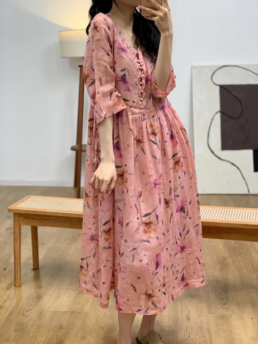 Women Artsy Floral Summer V-Neck Ramie Dress AA1036 Ada Fashion