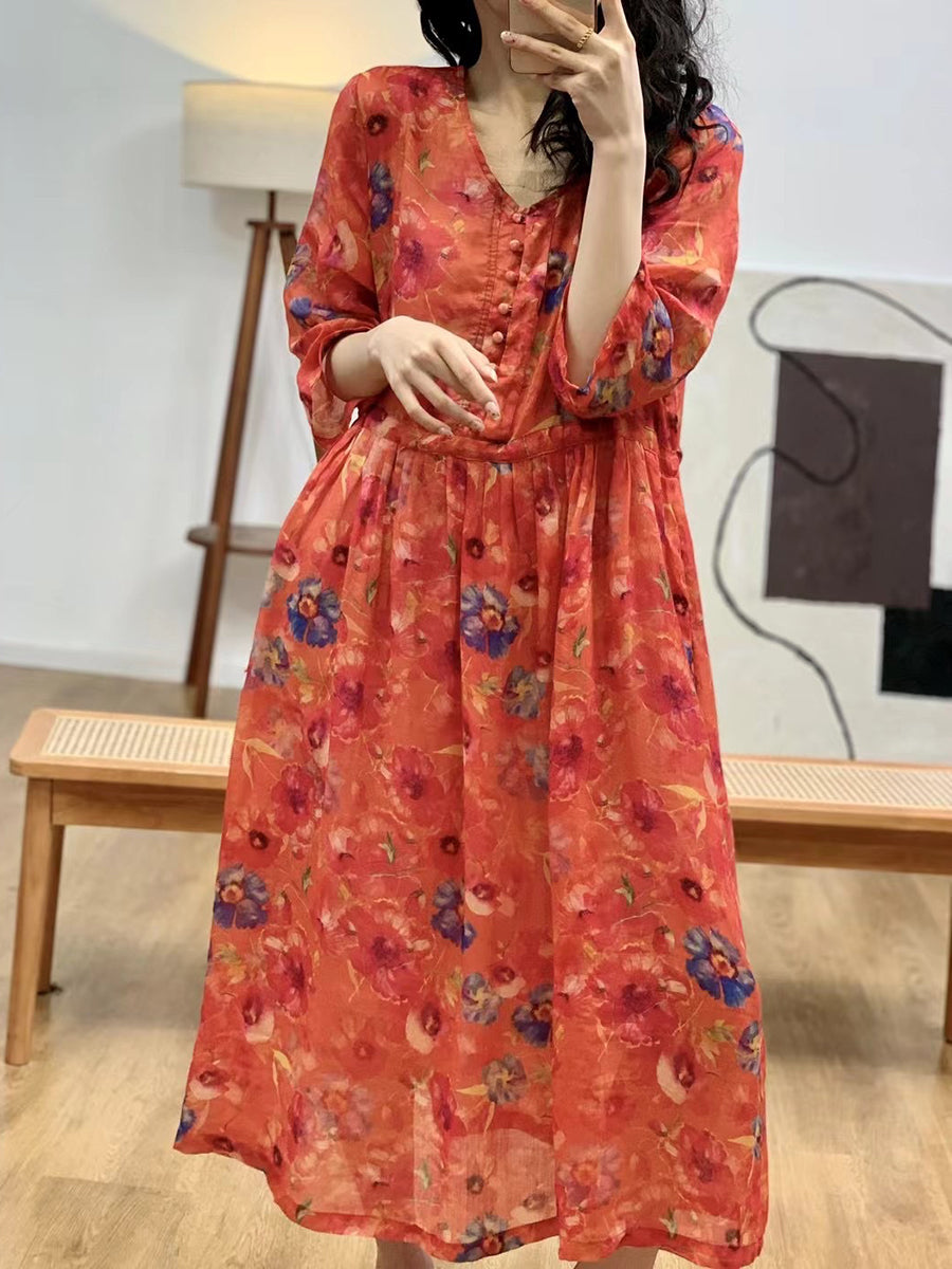 Women Artsy Floral Summer V-Neck Ramie Dress AA1036 Ada Fashion