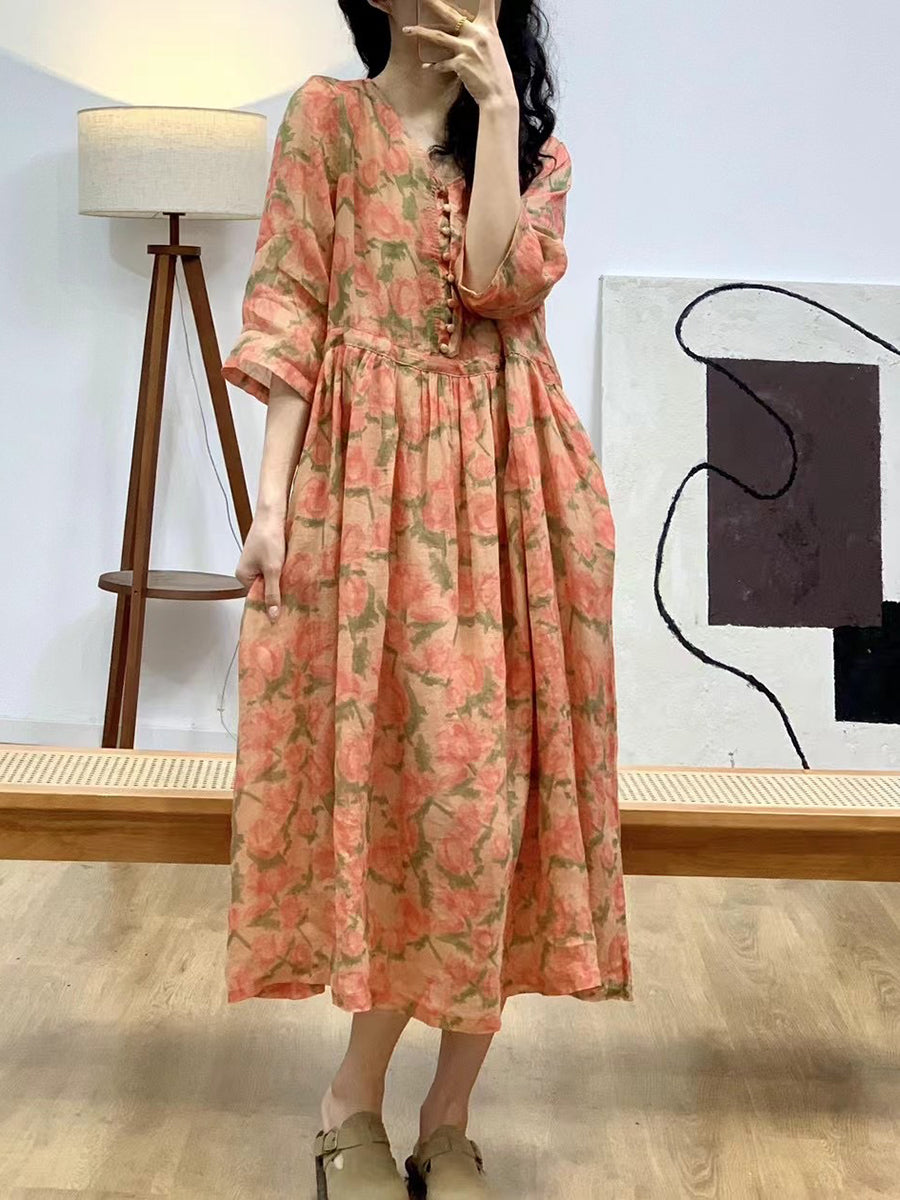 Women Artsy Floral Summer V-Neck Ramie Dress AA1036 Ada Fashion