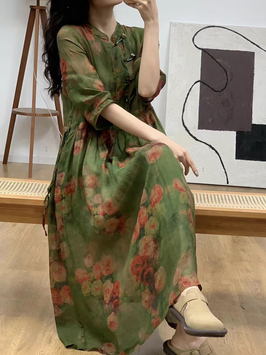 Women Summer Ethnic Flower Linen Strap Dress AA1045 Ada Fashion